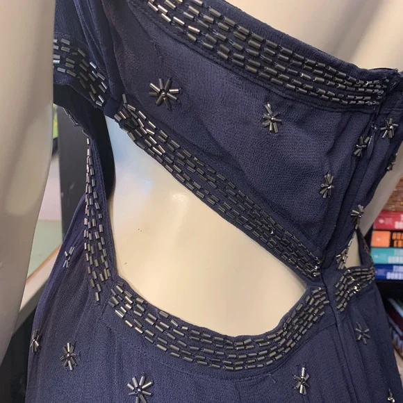 Free People Navy Blue Beaded Cutout Mini Club Dress - Picture 7 of 13